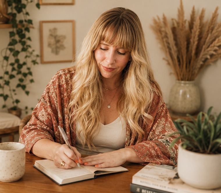 Brooke writing at a table in a warm, boho setting
